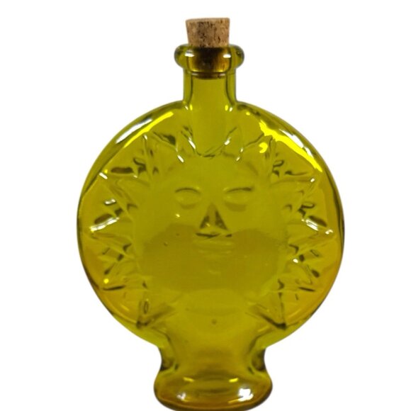 Vintage Yellow Glass Sun Face Bottle Vase with Cork Stopper Retro Mid Century - Picture 5 of 8